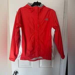 The North Face Vibrant Coral Red and Crisp White Rain Jacket